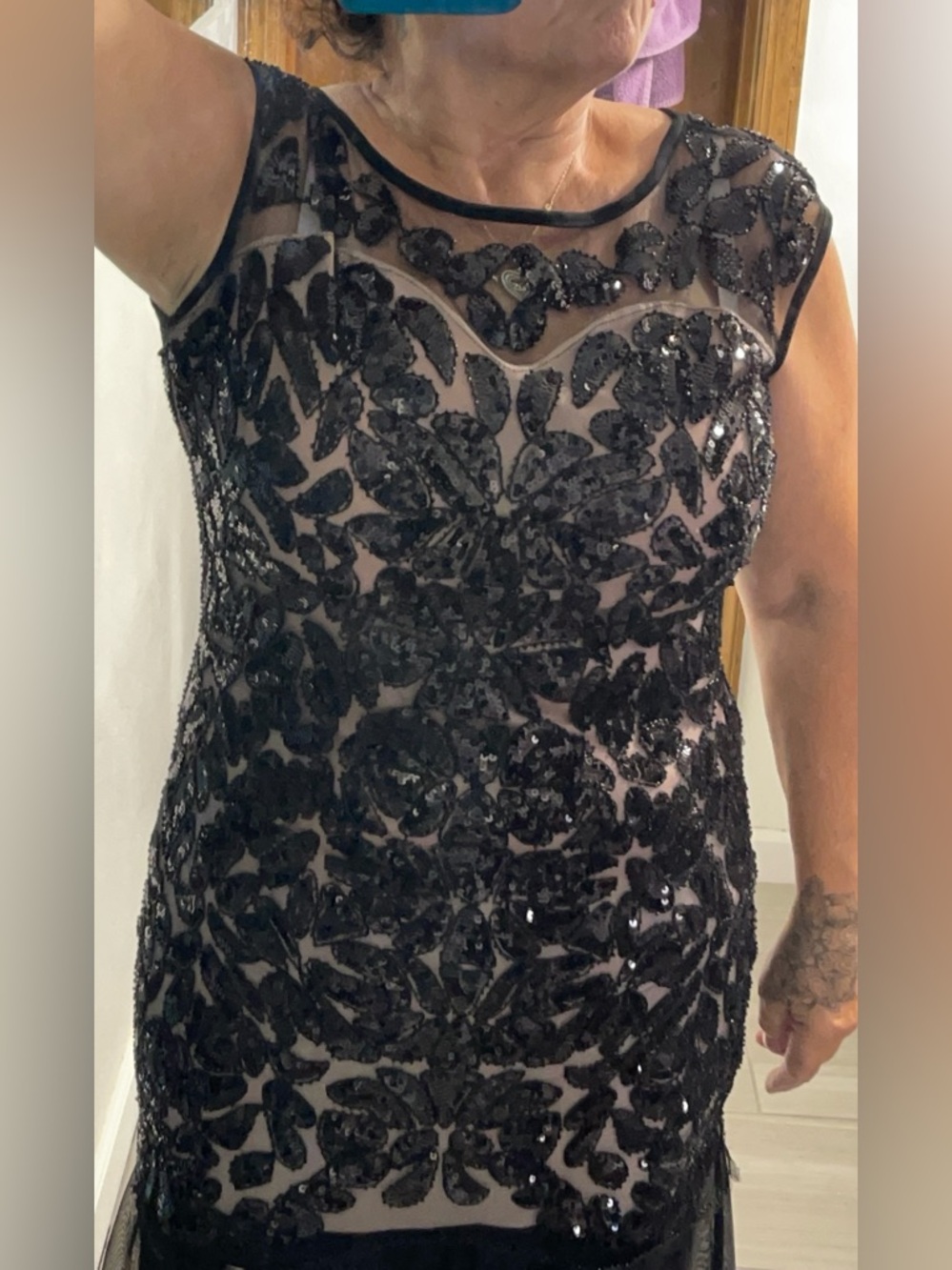 Black Sequin Illusion Neck Evening Dress